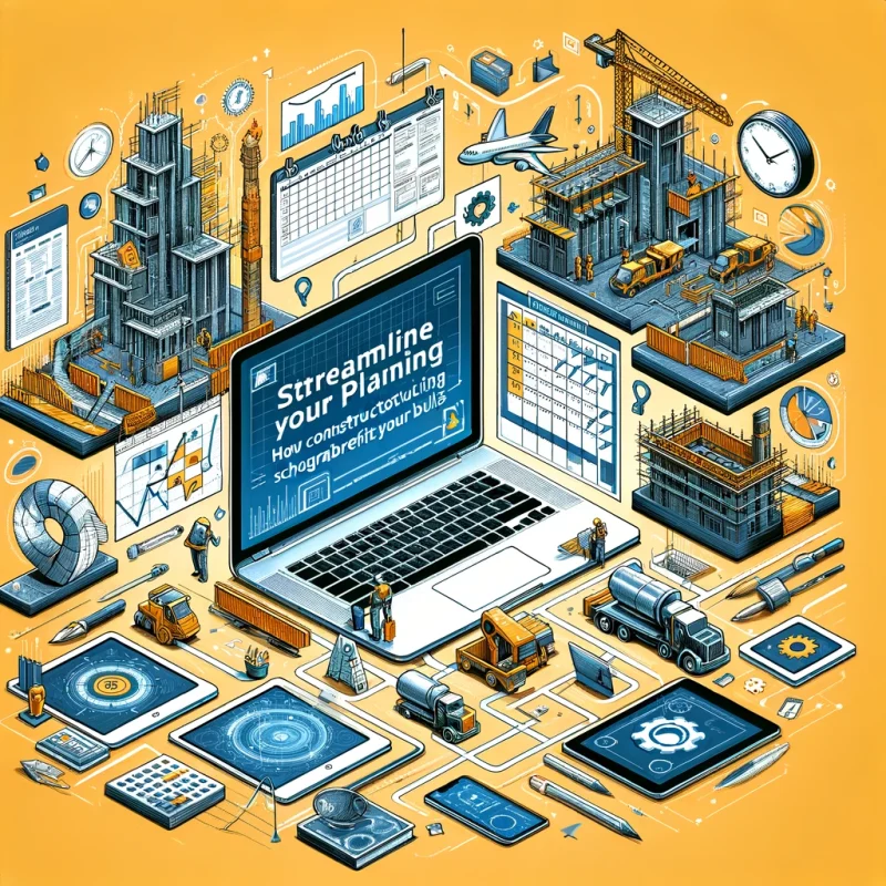 Digital blueprint and calendar integration symbolizing construction scheduling software efficiency with tools and organized site imagery