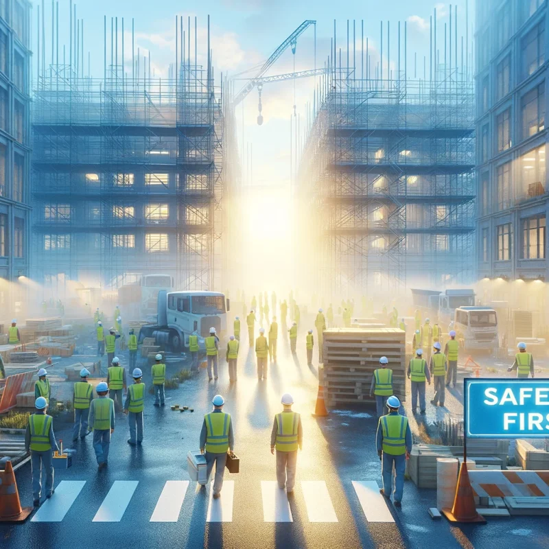 A bright construction site in the morning sun with workers in light-colored safety gear, emphasizing safety protocols and a sign reading 'Safety First.