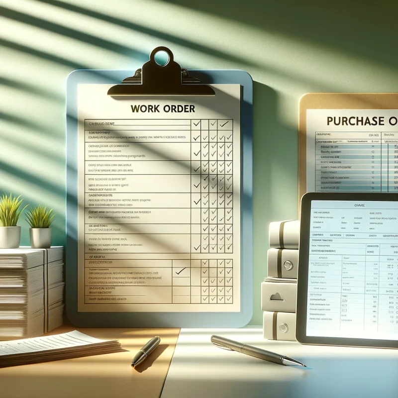 An organized office setting showing a work order on a clipboard and a stack of purchase orders with a digital tablet, highlighting their differences.