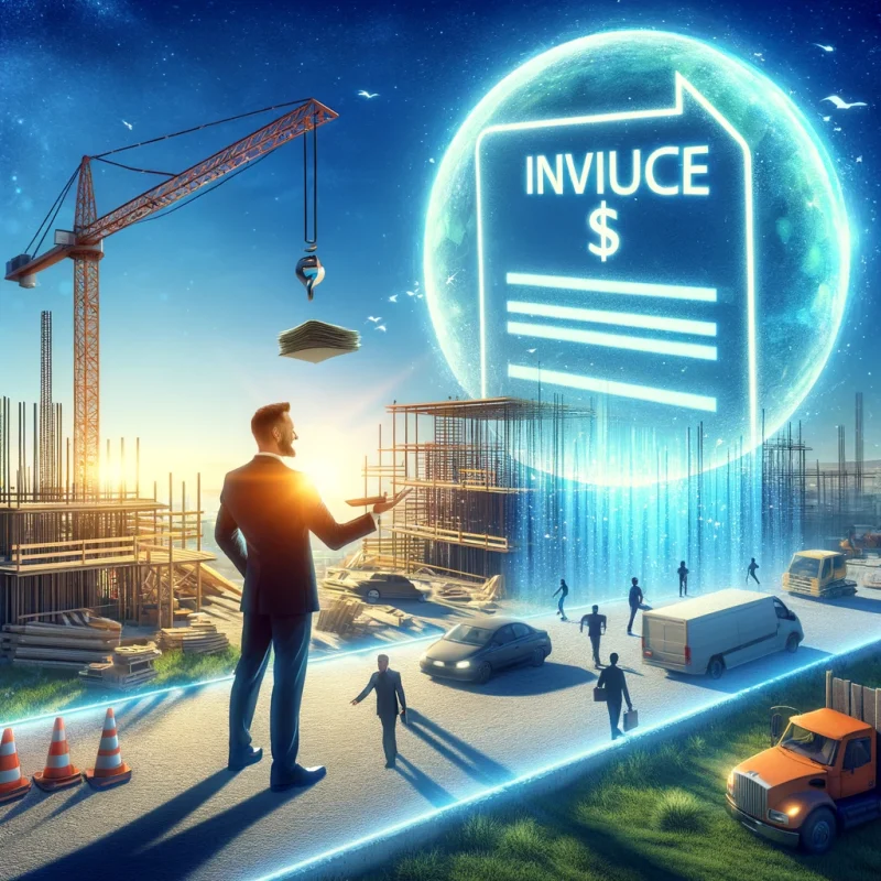Construction manager presenting a digital invoice to a client on a sunny construction site, representing efficient billing practices boosting revenue