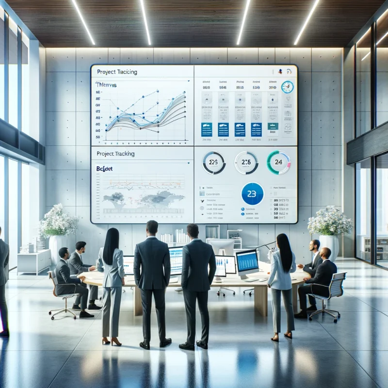 A team of construction professionals collaboratively working around a digital dashboard in a modern, light-colored office, showcasing project tracking solutions.
