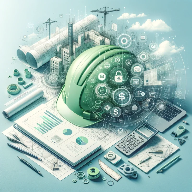 Illustration of construction expense management software tools with a sea blue color theme, featuring a hard hat, blueprints, and financial charts