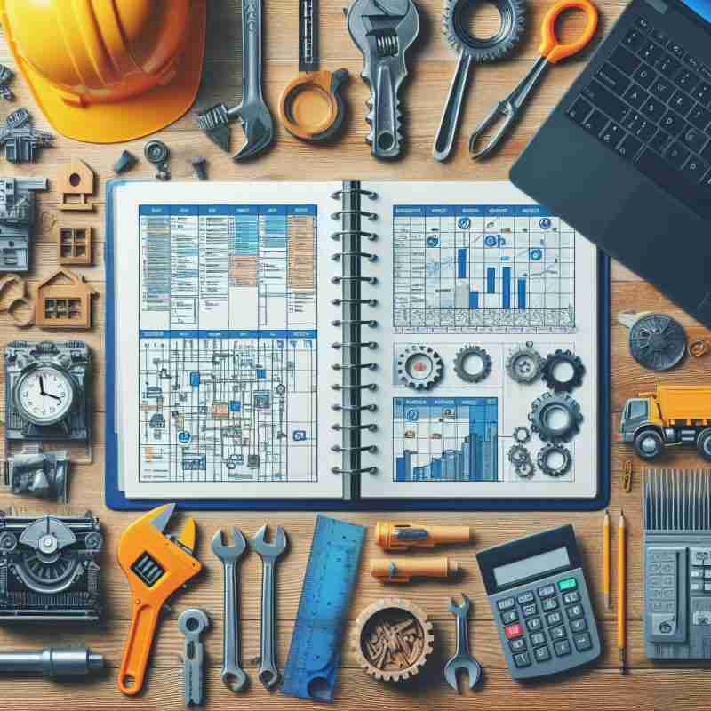 An illustrative overview of essential construction scheduling software features, including calendars, clocks, blueprints, and digital interfaces, highlighting the integration of time management and technology in construction project planning