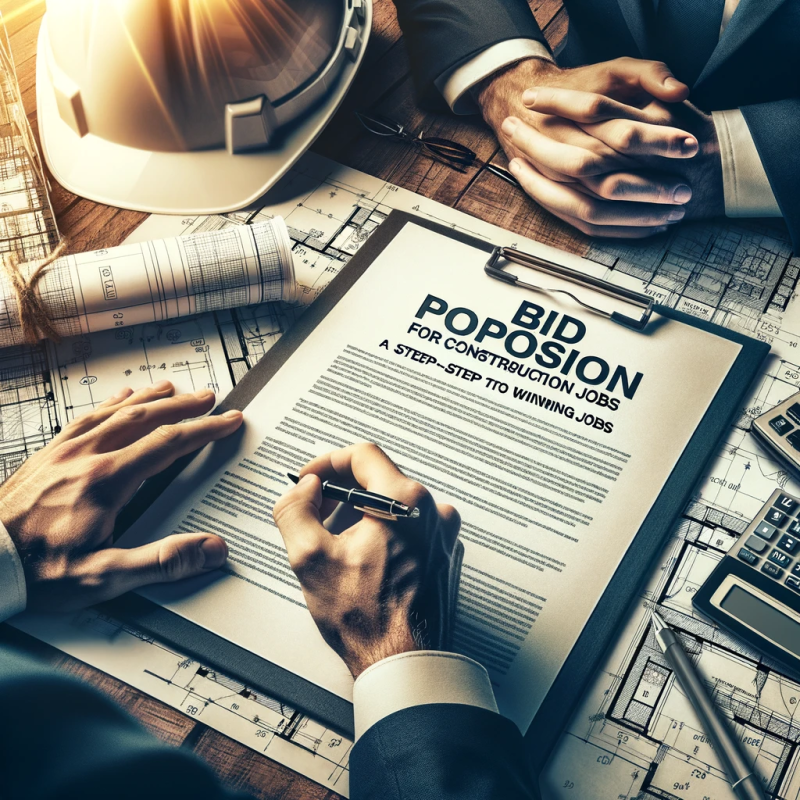 Professional in construction gear reviewing a bid proposal with blueprints, hard hat, and calculator on the table, symbolizing strategic planning in construction project management