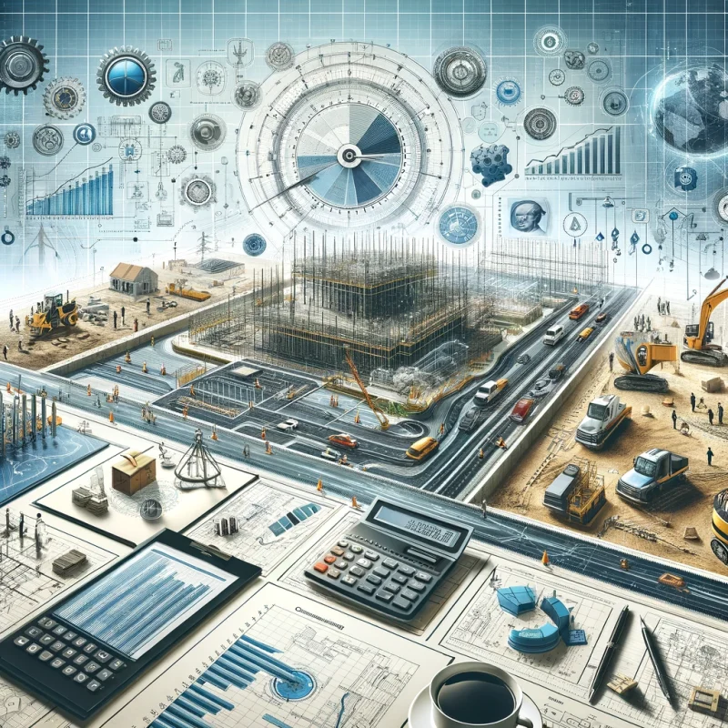Infographic depicting advanced construction scheduling strategies, including timelines, high-tech planning tools, and construction site imagery, highlighting efficiency and innovation