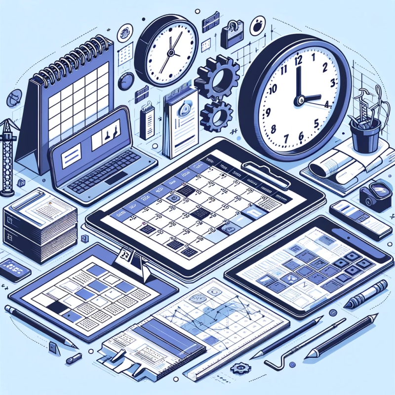 An image showcasing construction planning essentials with a calendar, blueprints, and a clock, symbolizing strategic time management and organization in construction project management.