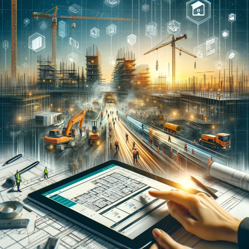 Integration of technology in construction with a tablet showing daily log software on a busy construction site