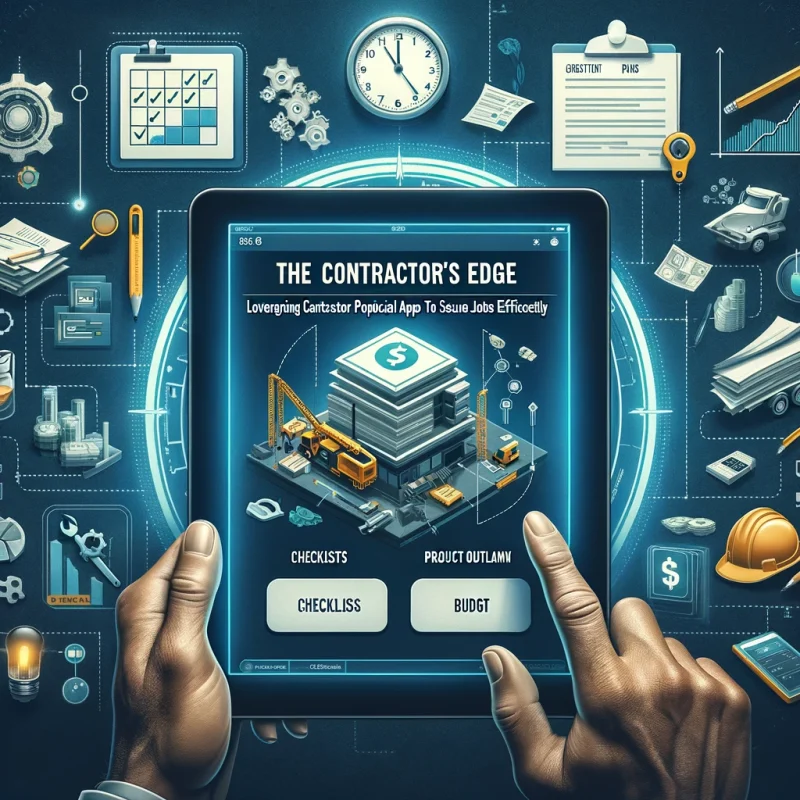 Digital tablet showcasing a contractor proposal app interface with checklists and project plans, surrounded by construction-themed graphics and symbols of efficiency like clocks