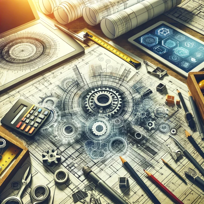 Digital transformation in construction procurement featuring blueprints and modern technology tools.