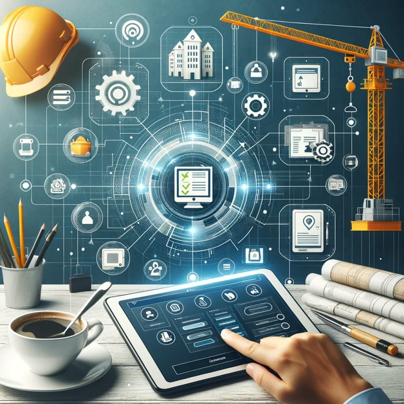 Digital transformation in construction project management featuring a tablet, blueprints, and software icons.