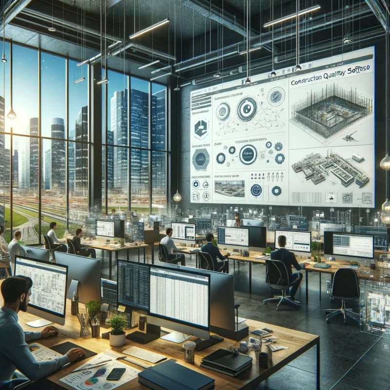 Architects and engineers in a modern office using construction quality management