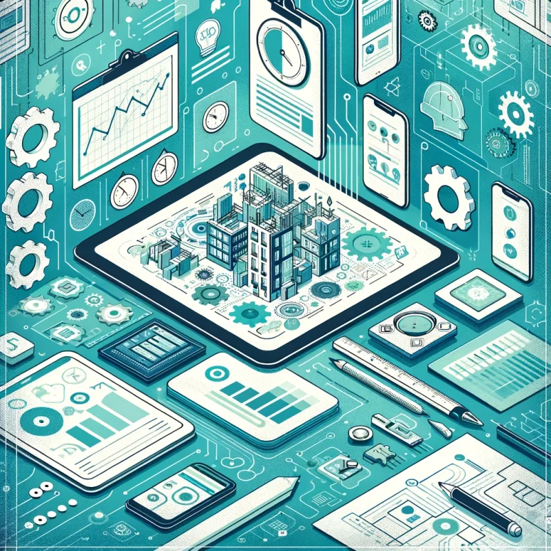 Innovative construction management highlighted by light blue and sea green colors, featuring digital tools, construction blueprints, and a symbol of efficiency.
