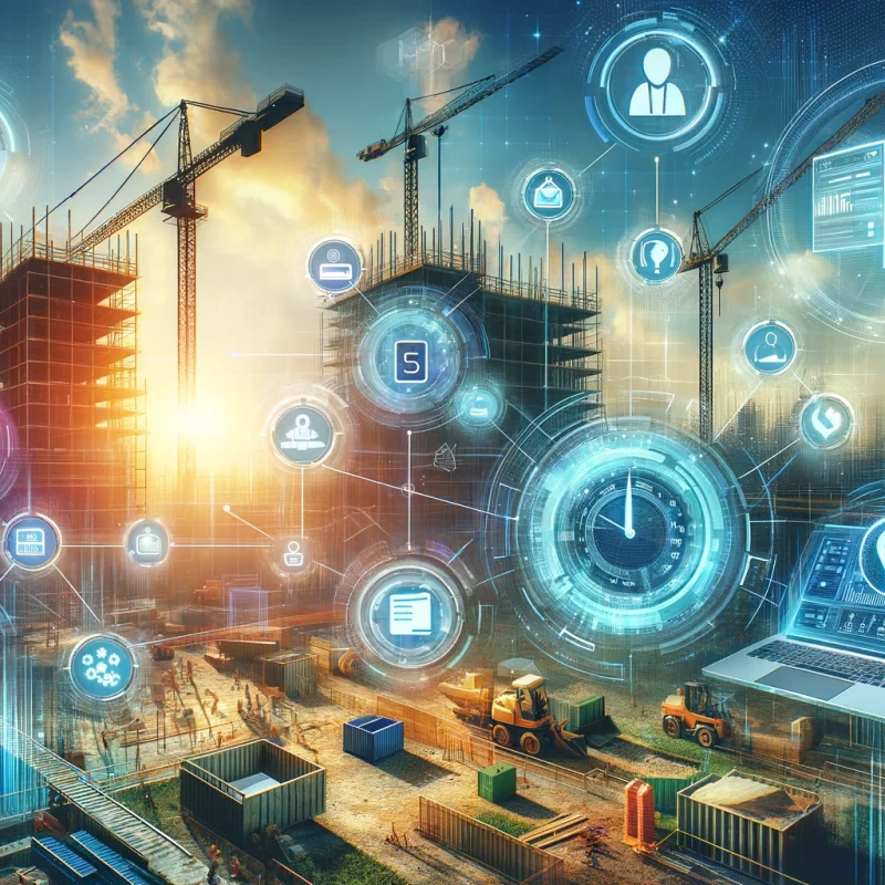 Digital transformation in construction management with a focus on construction time card software, featuring a construction site background integrated with digital interfaces for time tracking and crew management.