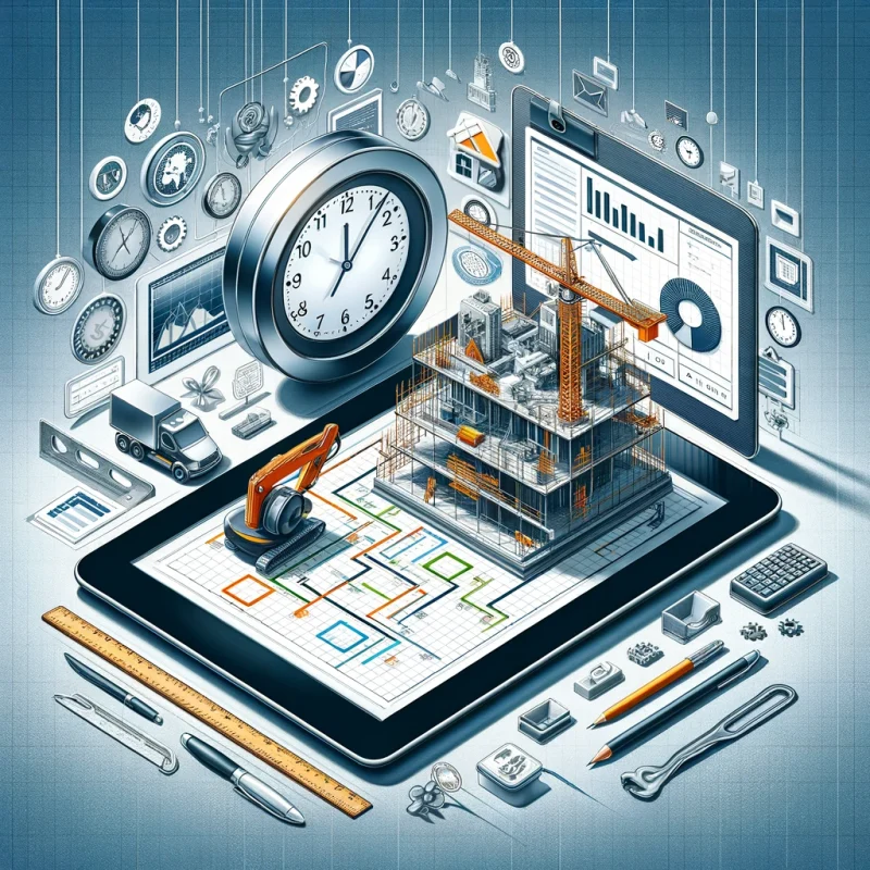 A digital tablet with Gantt chart on a construction site, symbolizing advanced project tracking in construction.