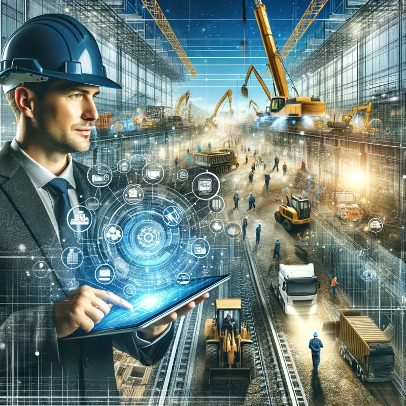 A construction manager uses a tablet with construction resource scheduling software at a bustling construction site, symbolizing efficiency and modern project management.