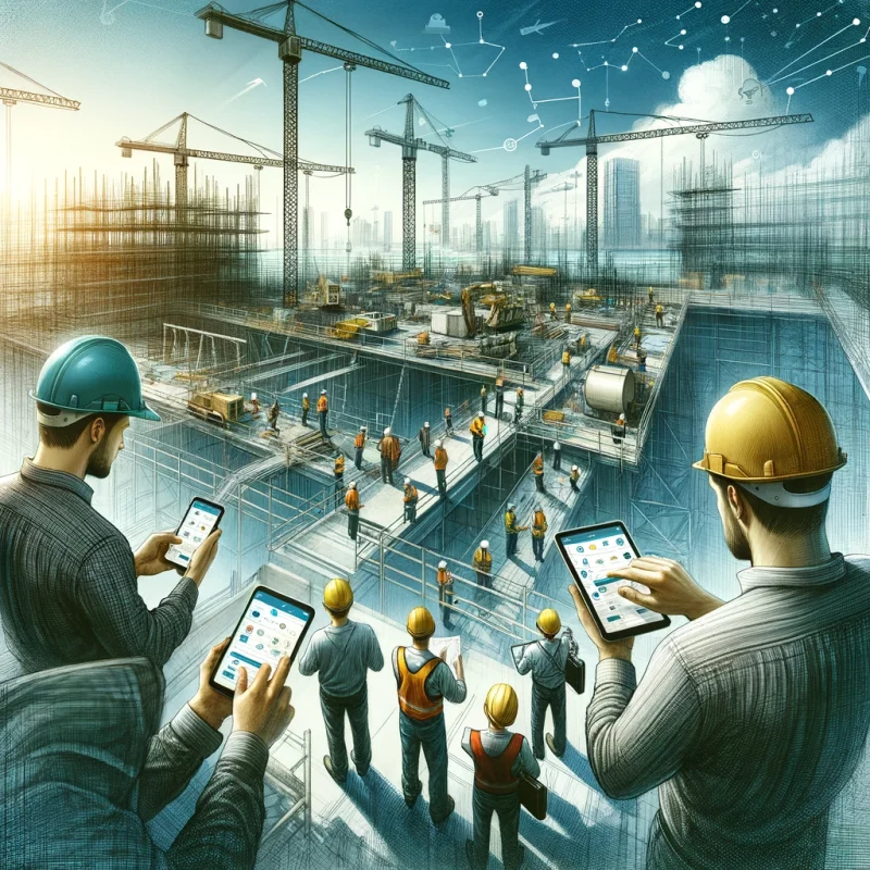 Workers on a construction site use digital devices to communicate through a messaging app, surrounded by cranes and scaffolding.