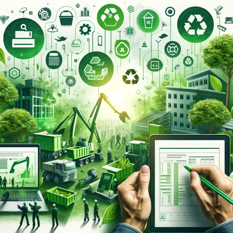 Digital work orders and electronic time cards in green construction setting with eco-friendly symbols and construction workers.