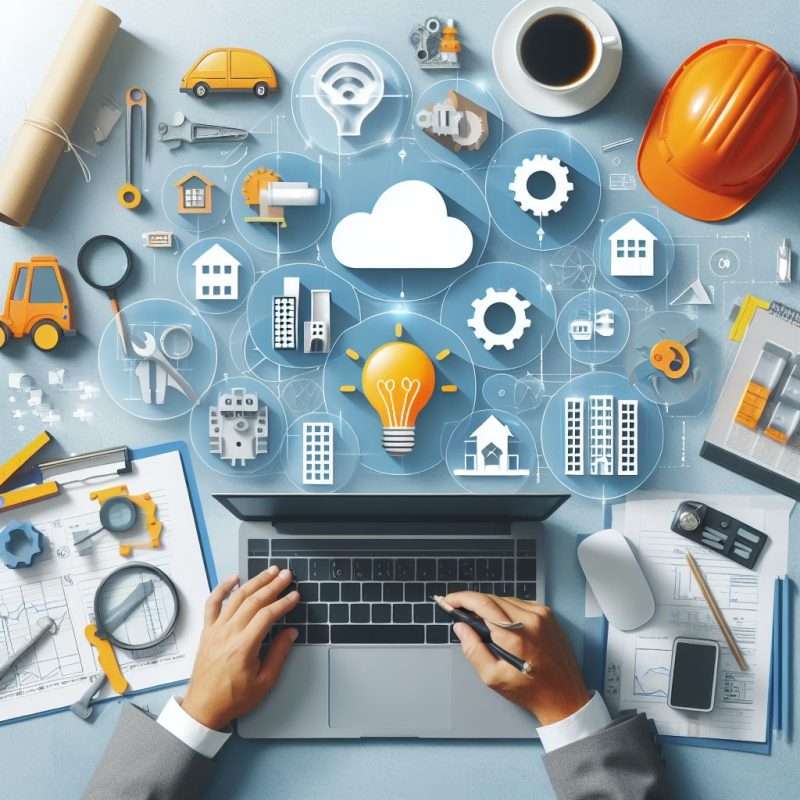 An overhead view of a construction manager's workspace with a laptop displaying various construction and CRM icons, symbolizing the integration of CRM in construction operations
