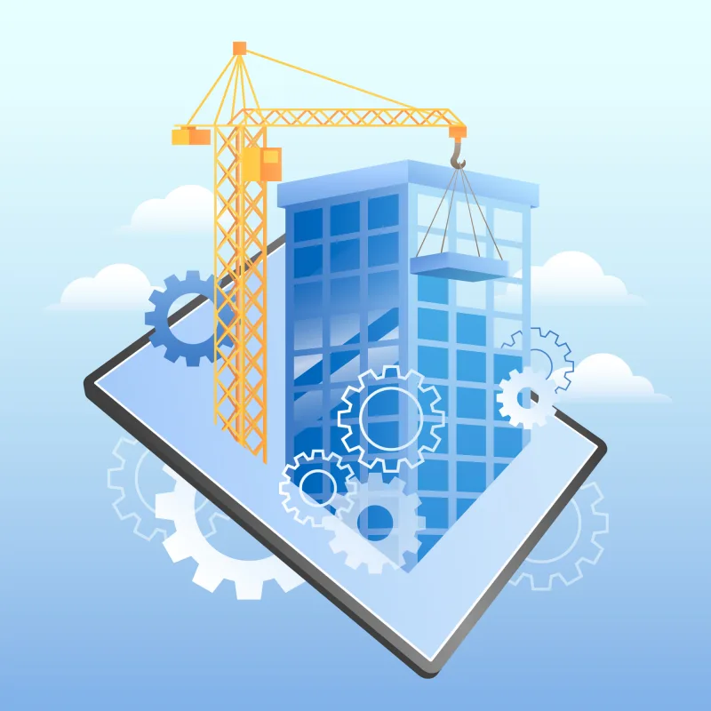 Construction management project software visualized with a crane and gears, representing streamlined project operations.
