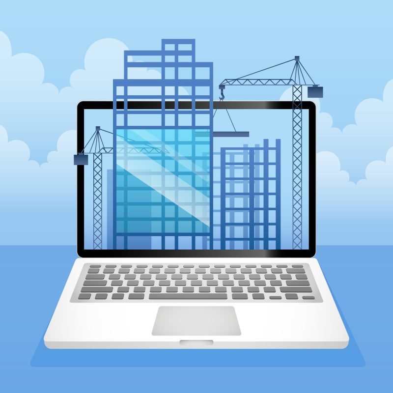 Illustration of a laptop with construction buildings and cranes, representing construction scheduling software.