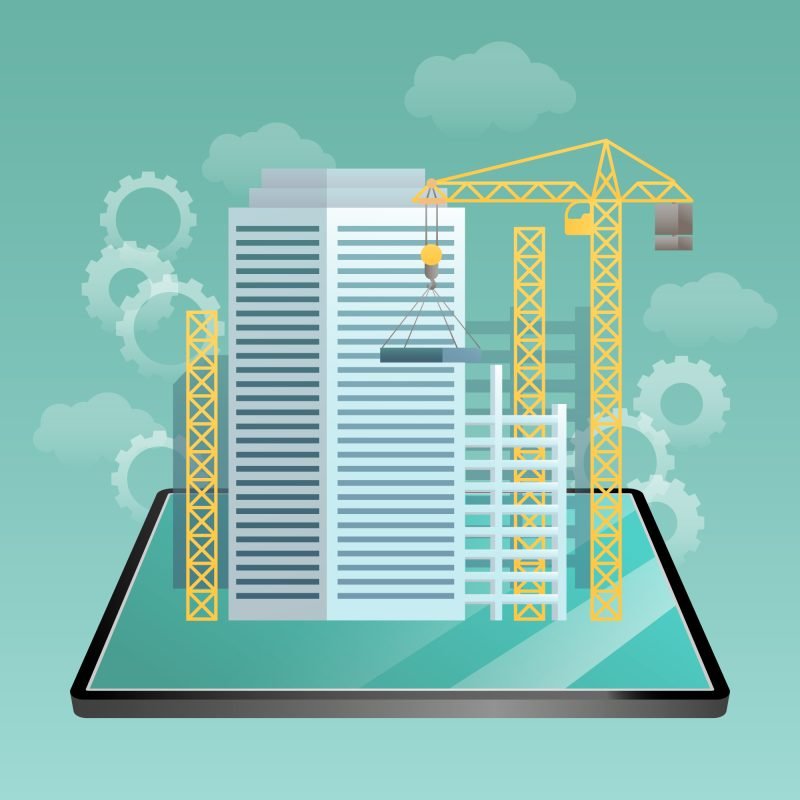 Illustration of a construction site with cranes and buildings emerging from a tablet, symbolizing the integration of technology in construction management.