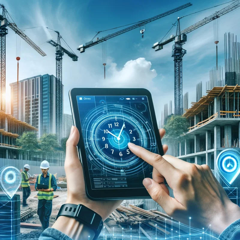 Construction site with workers using mobile devices for time tracking, digital clock, GPS icons, and cranes in the background