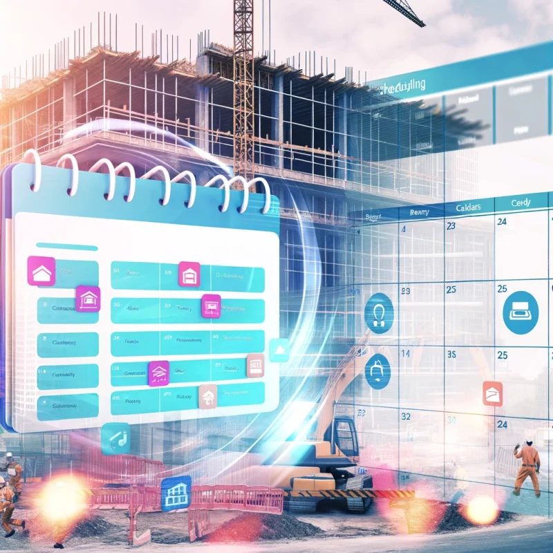 Construction site with a digital interface overlay showing calendar schedules, task assignments, and notifications. Workers, cranes, and building structures emphasize efficiency and organization.