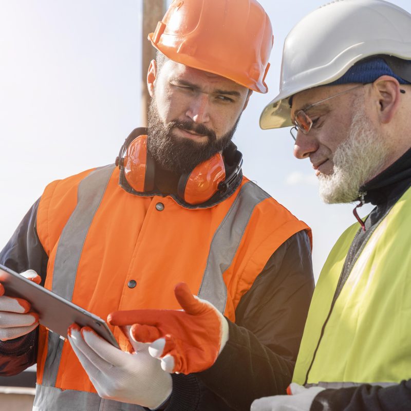 Two construction workers in safety gear discussing a project on a tablet.