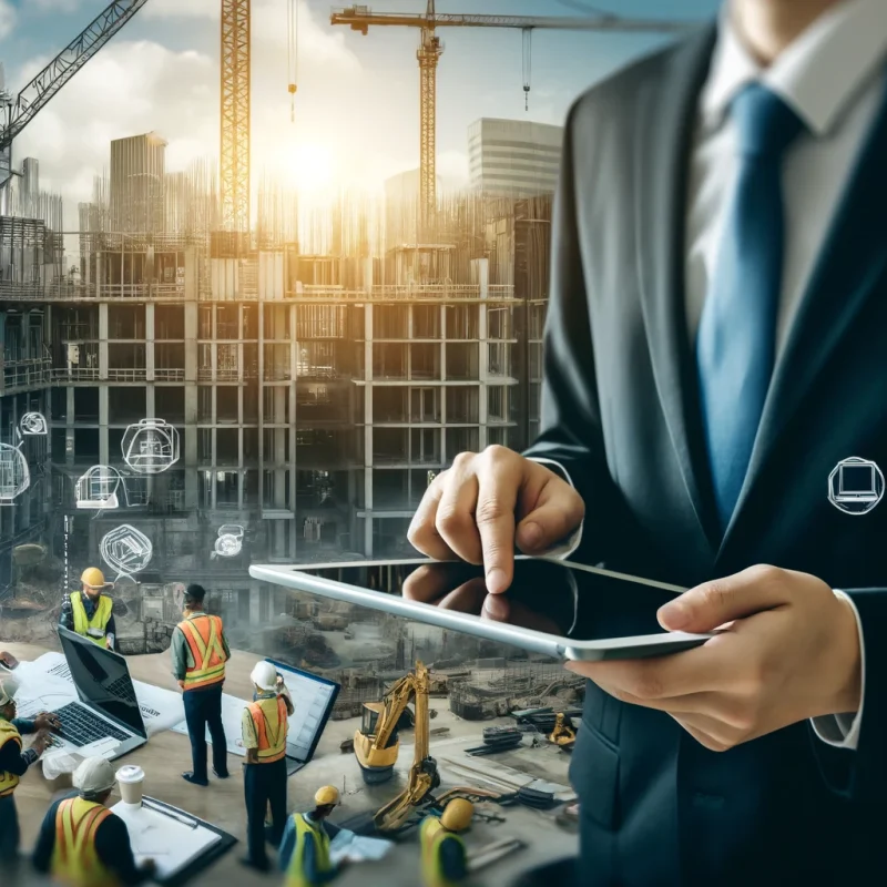 Construction workers using modern construction finance software on tablets and laptops at a construction site with cranes and buildings in progress.