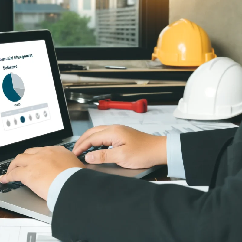 A professional construction manager using a laptop with construction financial management software displayed on the screen in a construction office with plans, hard hats, and tools