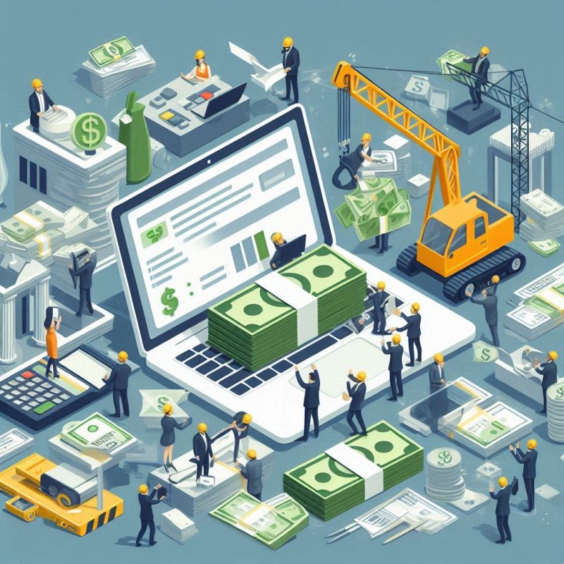 An illustration showing construction workers handling financial transactions on a large laptop with cash stacks, cranes, and construction materials, highlighting the use of construction financing software.