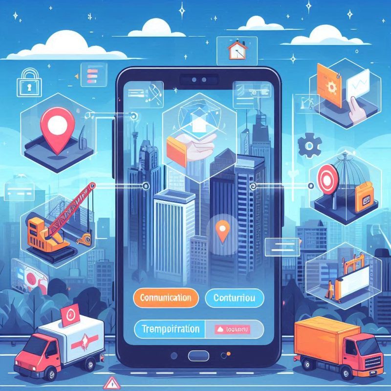 Illustration of a construction project management app on a smartphone, highlighting various digital tools and client portals for better communication and transparency.