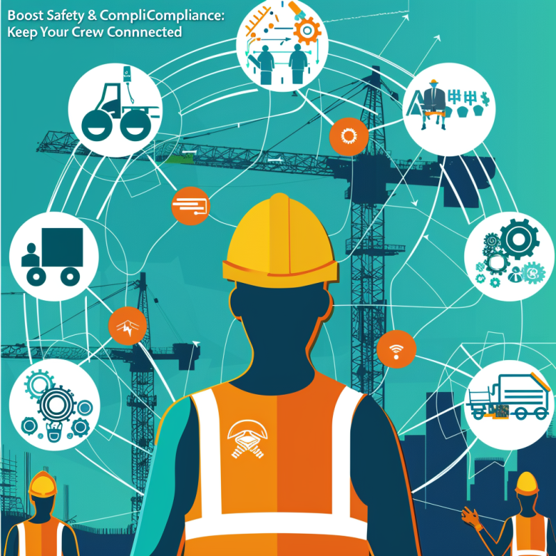 Construction worker with safety gear connected to various safety and compliance icons, illustrating the benefits of construction communication platforms