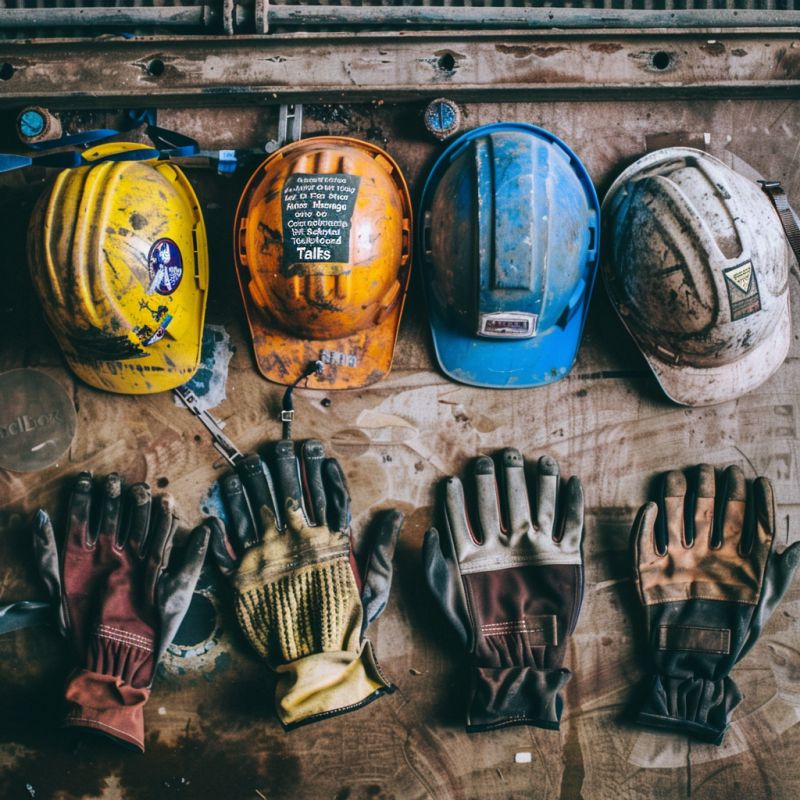A row of construction helmets and gloves laid out on a workbench, symbolizing safety and preparedness at a construction site.