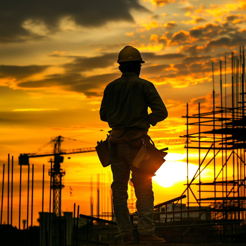 A construction worker overlooking a construction site at sunset, symbolizing effective management of change orders with construction project management software
