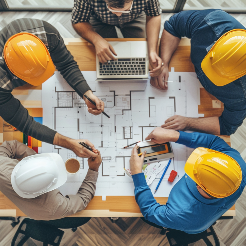 Construction workers in safety gear having a meeting at a construction site, with a tablet displaying construction scheduling software in the background.