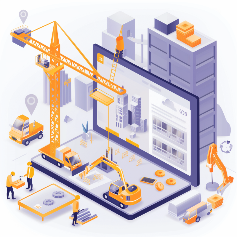 llustration of a construction site with cranes, trucks, and workers interacting with a large digital tablet, symbolizing the use of construction communication software for efficient project management.