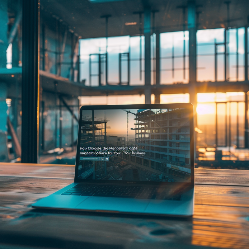 A laptop displaying construction management software, set on a wooden desk with a construction site visible through large windows in the background during sunset