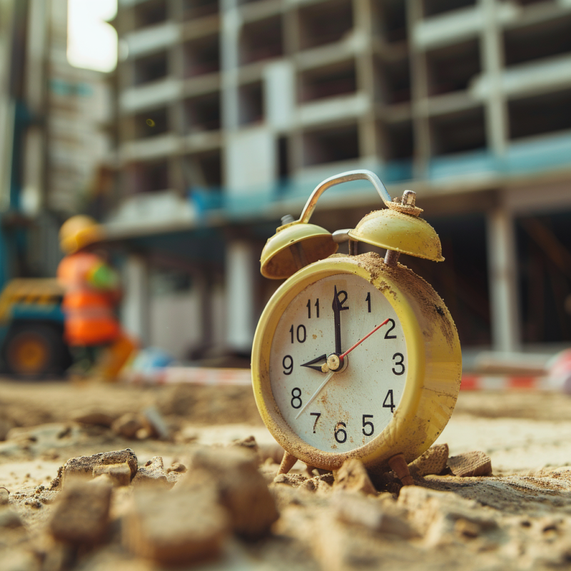 An old-fashioned alarm clock on a construction site, symbolizing the importance of time tracking in managing labor costs