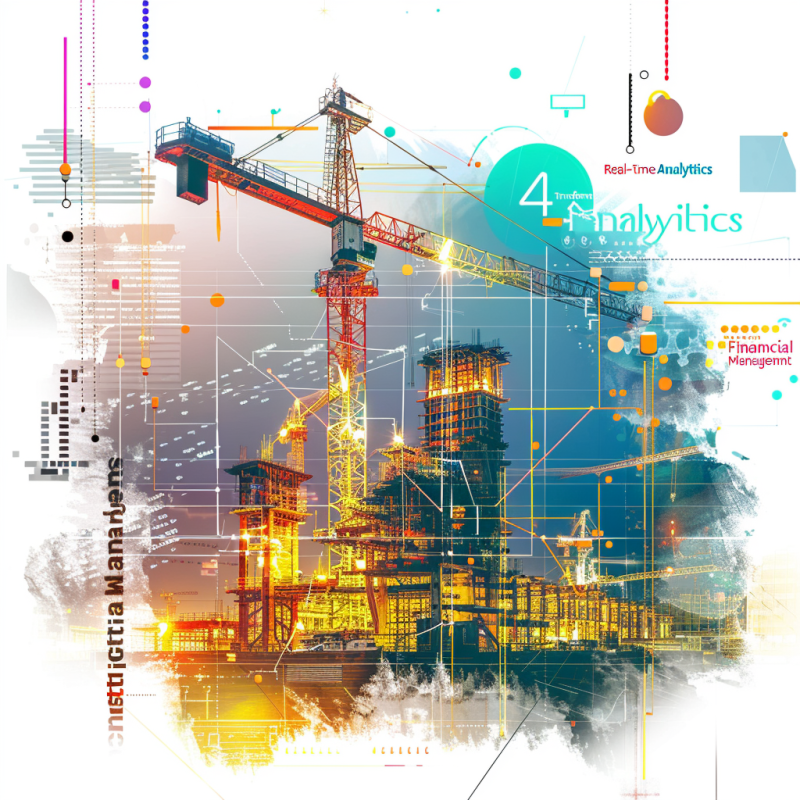 A vibrant construction site illuminated by sunset hues, overlaid with digital analytics graphics and data points, illustrating the integration of real-time analytics in construction financial management.