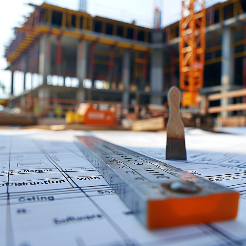 Blueprints on a construction site with a ruler and brush in focus, and a building under construction in the background, highlighting the importance of job costing and accurate financial management in construction projects.