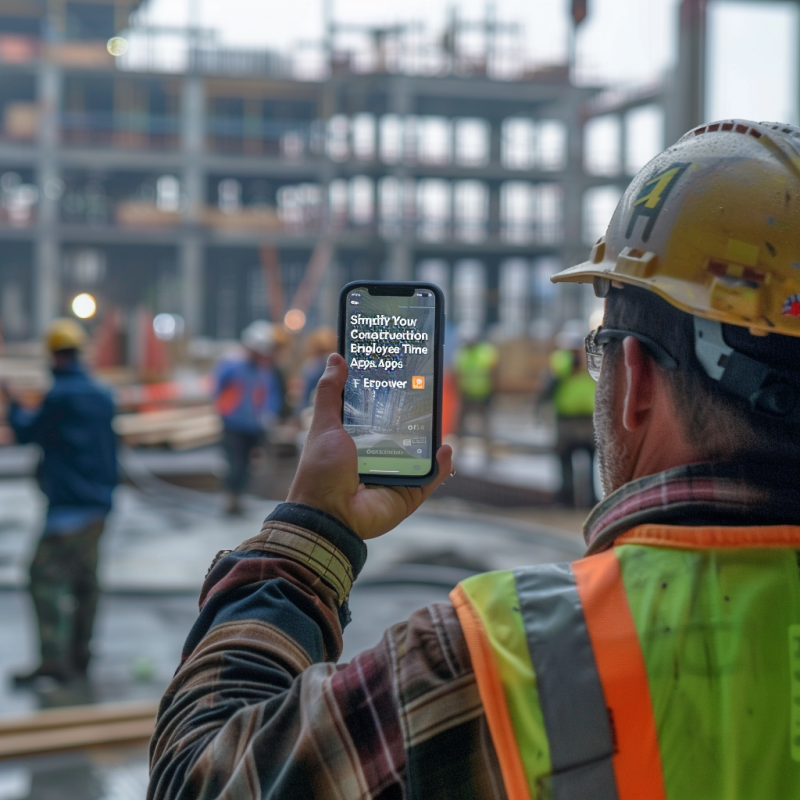 A construction worker wearing a hard hat and high-visibility vest uses a smartphone to track time on a construction site with a partially built structure in the background.