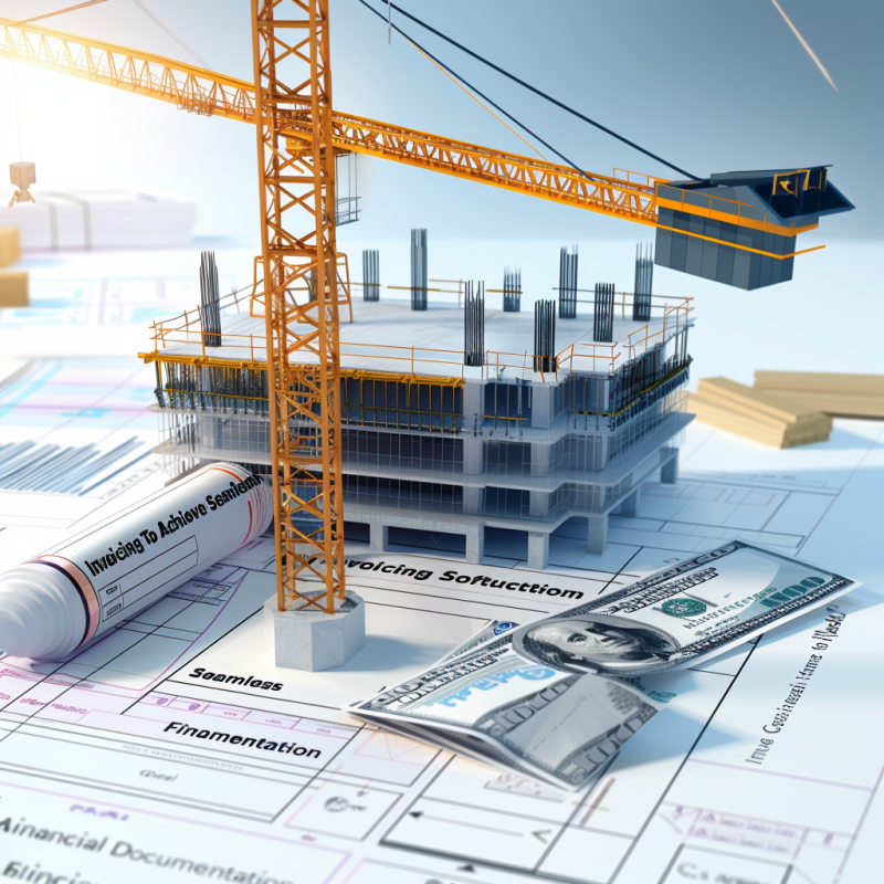 A construction site with a crane, a building under construction, blueprints, and dollar bills, highlighting the importance of invoicing software for seamless financial documentation in construction projects.