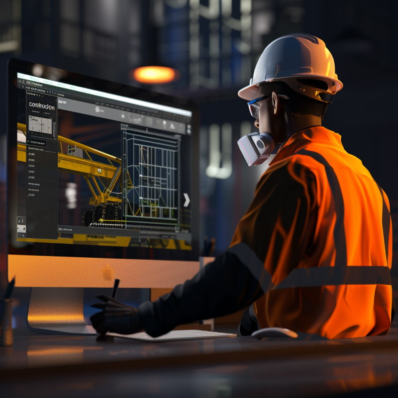 A modern computer screen displaying construction RFI software with detailed project management tools, set in a well-organized office environment with professional lighting.