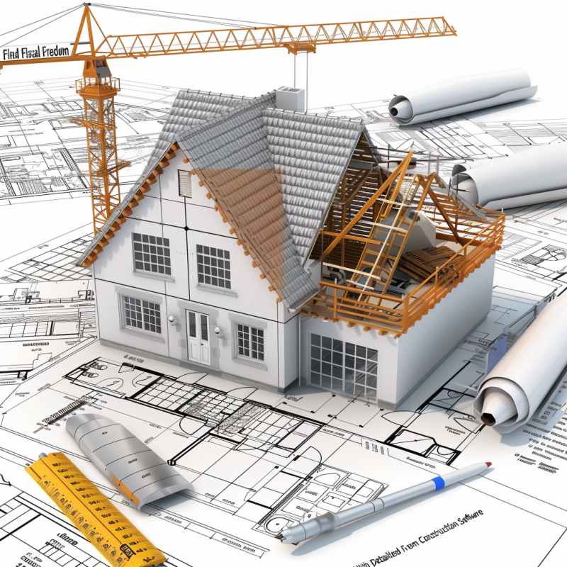 A 3D model of a house under construction on top of architectural blueprints with a crane labeled "Find Fiscal Freedom" in the background, emphasizing financial management in construction.