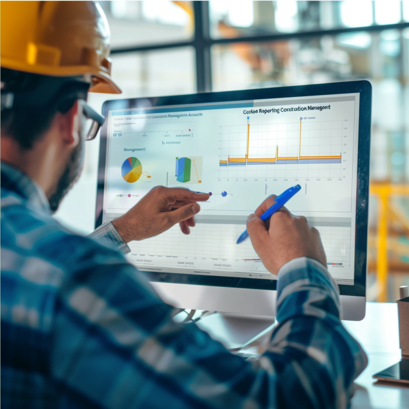 A construction manager wearing a hard hat points at data charts and graphs on a computer screen, representing custom reporting in construction management.