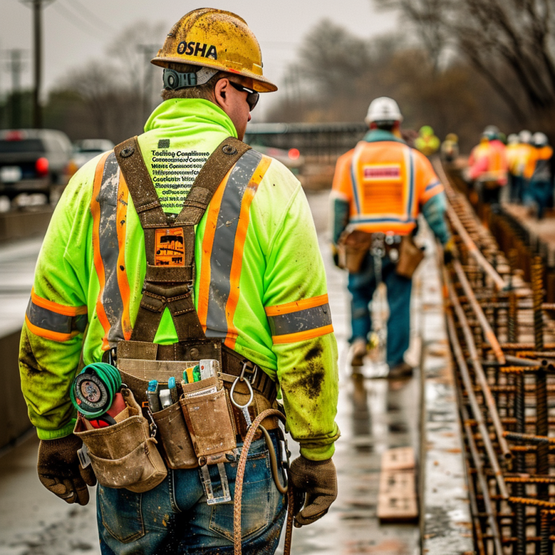 Construction worker wearing OSHA safety gear on a job site, focusing on compliance and safety management.