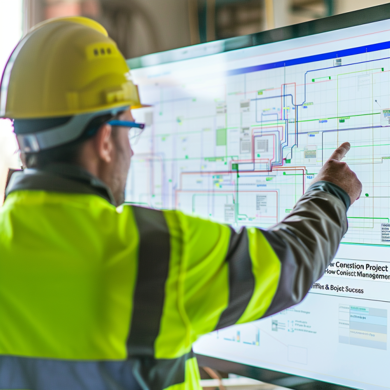 image of construction manager using advanced project management software on a construction site, featuring digital device displaying detailed project reports.