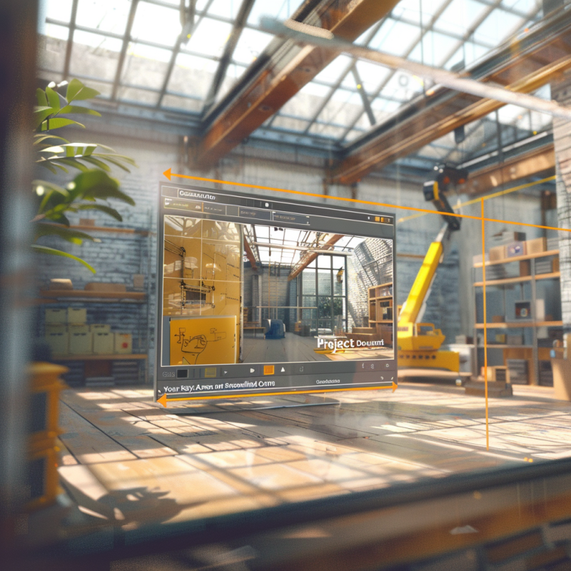 A digital interface displaying construction project documents overlaid on a background of a modern construction site with cranes and equipment, symbolizing streamlined document management and control.