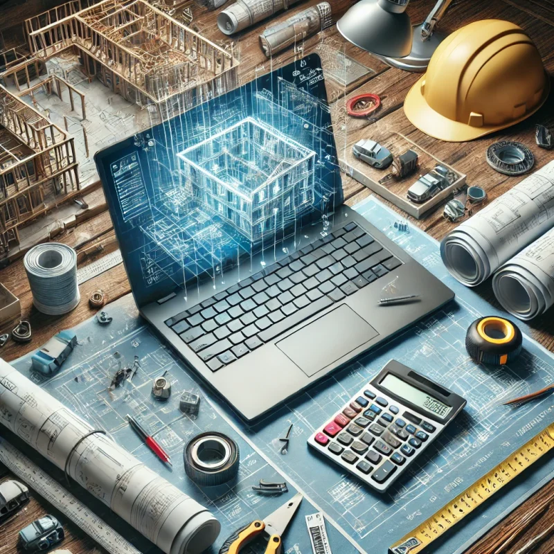 A detailed and realistic construction site scene featuring an open laptop with cost estimation software, blueprints, and a calculator on a workbench, surrounded by a hard hat, measuring tape, and a scale model of a building in progress, symbolizing the critical importance of accuracy in calculating building costs.